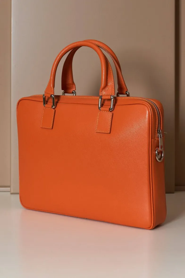 D'Arienzo Dylan - Borsa Ventiquattrore in pelle di vitello arancione saffiano tasca zip