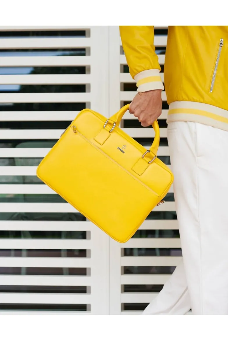 D'Arienzo Dylan - Borsa Ventiquattrore in pelle gialla di vitello saffiano tasca zip