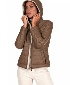 Donna D'Arienzo Elsa - Piumino in pelle fango con cappuccio bordo color crema