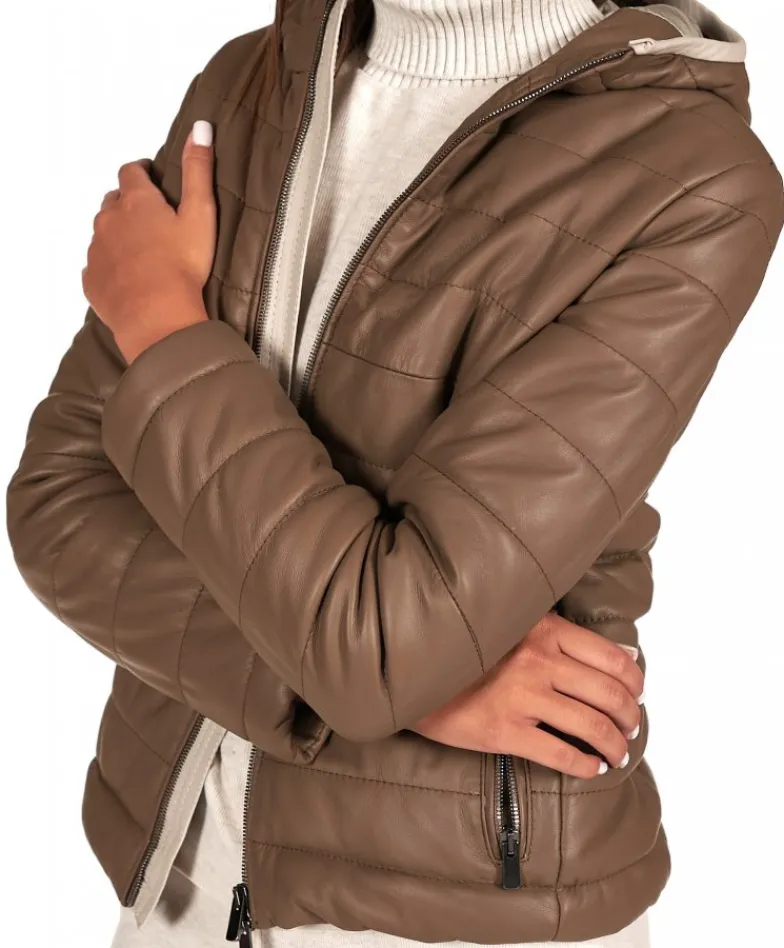 Donna D'Arienzo Elsa - Piumino in pelle fango con cappuccio bordo color crema