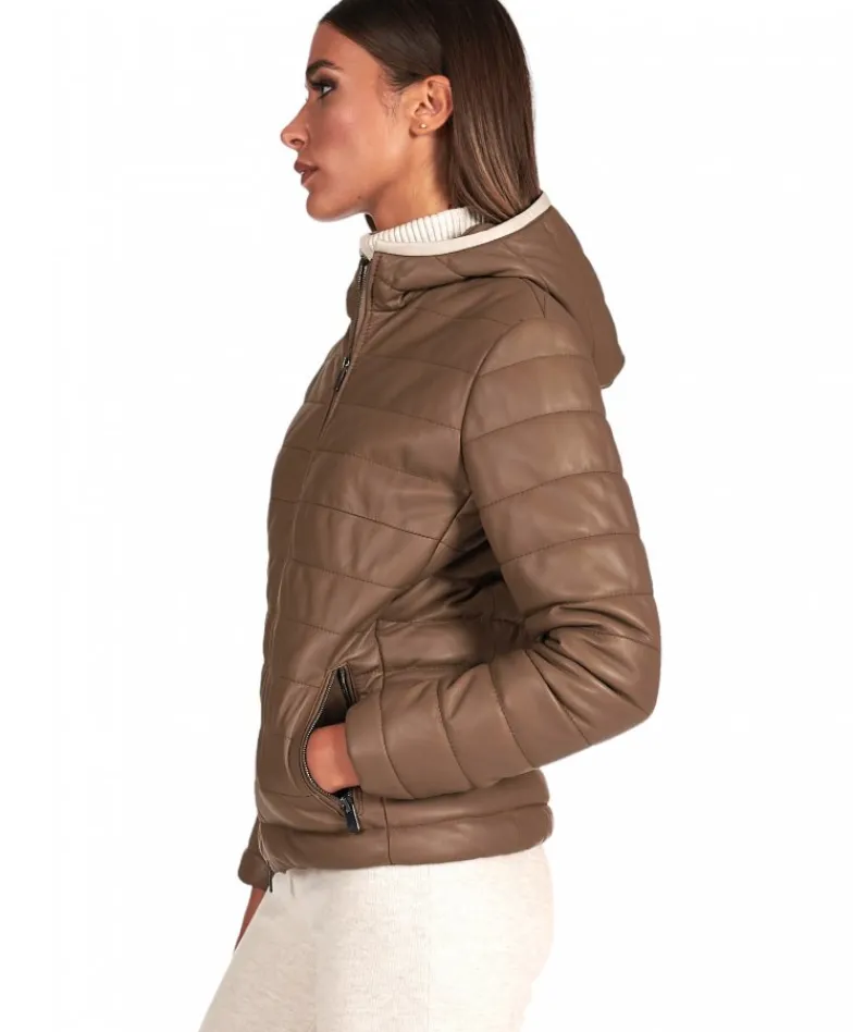 Donna D'Arienzo Elsa - Piumino in pelle fango con cappuccio bordo color crema