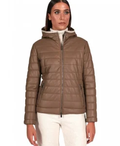 Donna D'Arienzo Elsa - Piumino in pelle fango con cappuccio bordo color crema