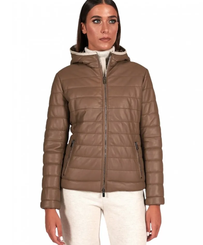 Donna D'Arienzo Elsa - Piumino in pelle fango con cappuccio bordo color crema