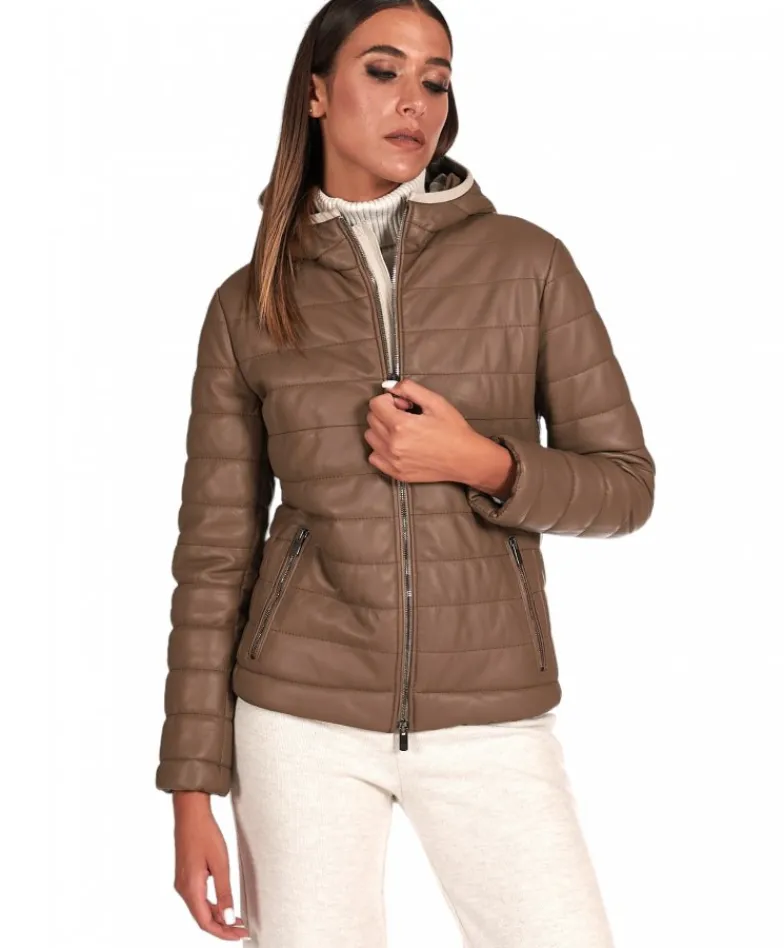 Donna D'Arienzo Elsa - Piumino in pelle fango con cappuccio bordo color crema