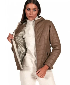 Donna D'Arienzo Elsa - Piumino in pelle fango con cappuccio bordo color crema