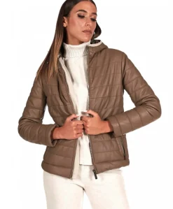 Donna D'Arienzo Elsa - Piumino in pelle fango con cappuccio bordo color crema