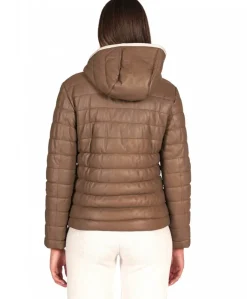 Donna D'Arienzo Elsa - Piumino in pelle fango con cappuccio bordo color crema