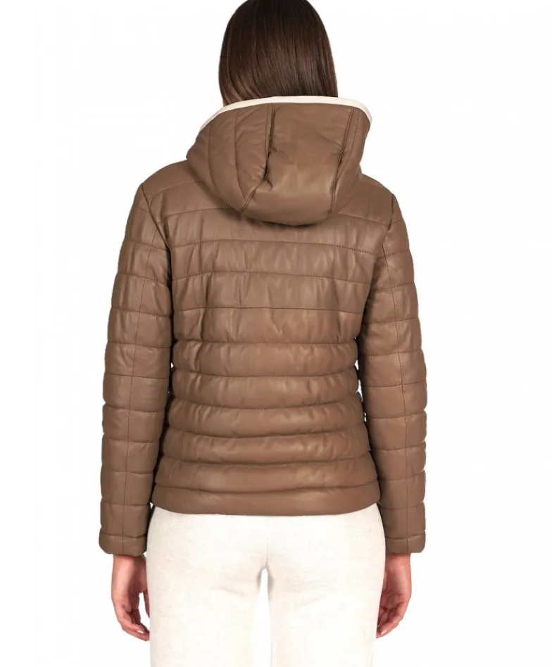 Donna D'Arienzo Elsa - Piumino in pelle fango con cappuccio bordo color crema