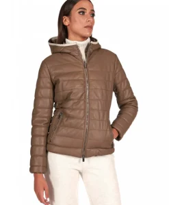Donna D'Arienzo Elsa - Piumino in pelle fango con cappuccio bordo color crema
