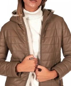 Donna D'Arienzo Elsa - Piumino in pelle fango con cappuccio bordo color crema