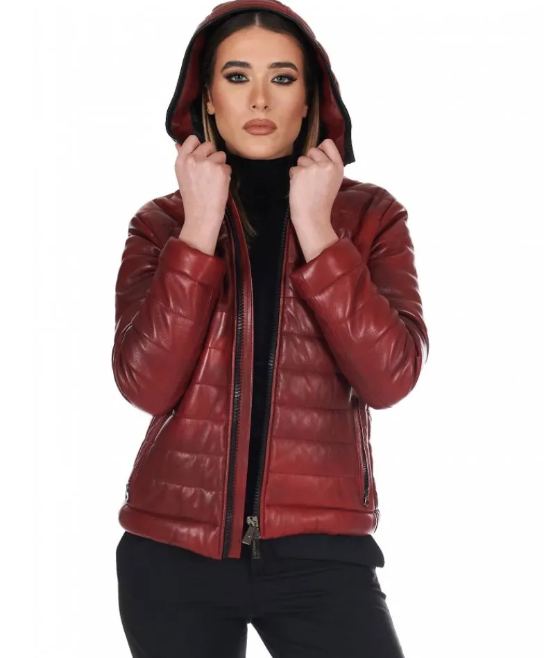 Donna D'Arienzo Elsa - Piumino in pelle rossa con cappuccio nappa effetto liscio