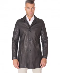 Uomo D'Arienzo Elvis - Cappotto in pelle nera nappa effetto liscio collo giacca