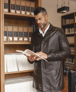 Uomo D'Arienzo Elvis - Cappotto in pelle testa di moro effetto liscio collo giacca