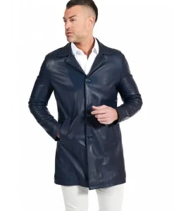 Uomo D'Arienzo Elvis - Cappotto in pelle blu effetto liscio collo giacca