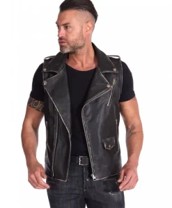 Uomo D'Arienzo Ermal - Chiodo smanicato in pelle nera effetto vintage
