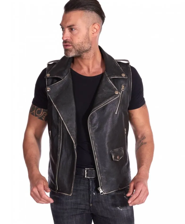 Uomo D'Arienzo Ermal - Chiodo smanicato in pelle nera effetto vintage