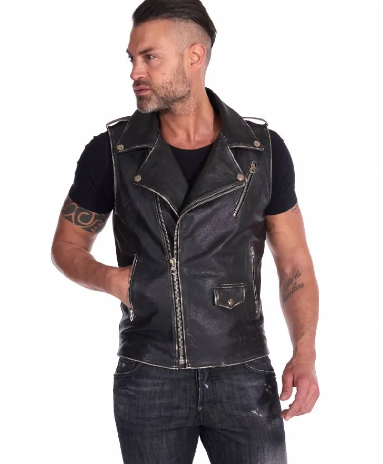 Uomo D'Arienzo Ermal - Chiodo smanicato in pelle nera effetto vintage