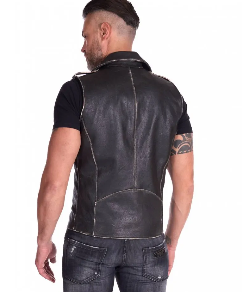 Uomo D'Arienzo Ermal - Chiodo smanicato in pelle nera effetto vintage