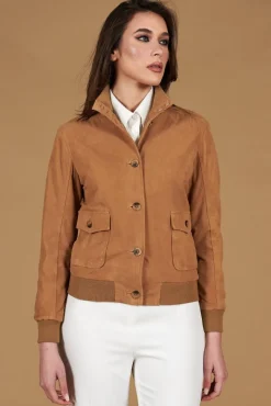 Donna D'Arienzo Faty - Bomber in pelle camoscio beige con bottoni