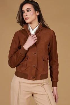 Donna D'Arienzo Faty - Bomber in pelle camoscio color cuoio con bottoni