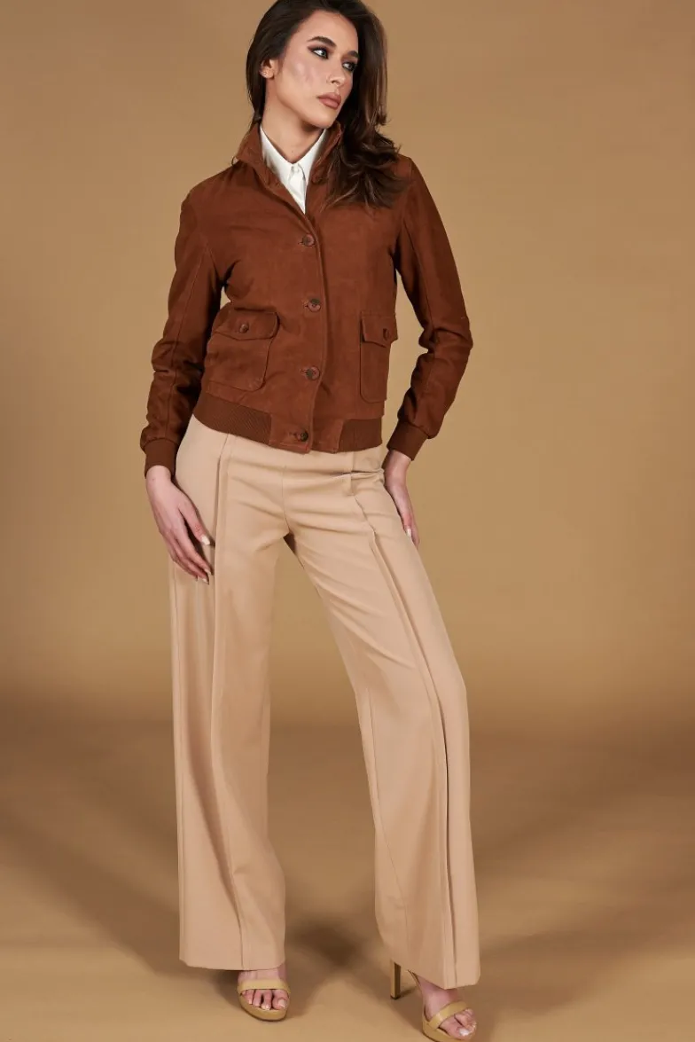 Donna D'Arienzo Faty - Bomber in pelle camoscio color cuoio con bottoni
