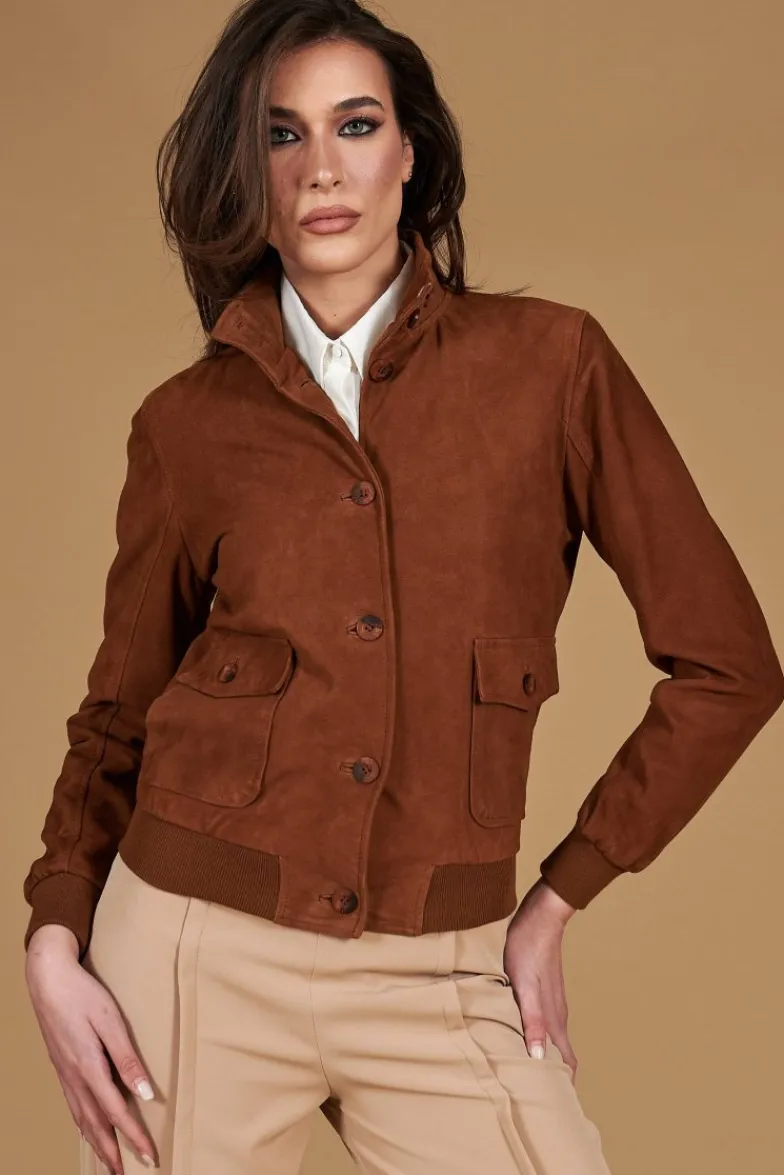 Donna D'Arienzo Faty - Bomber in pelle camoscio color cuoio con bottoni