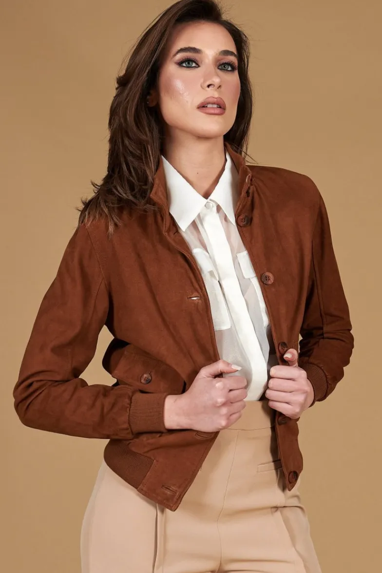 Donna D'Arienzo Faty - Bomber in pelle camoscio color cuoio con bottoni