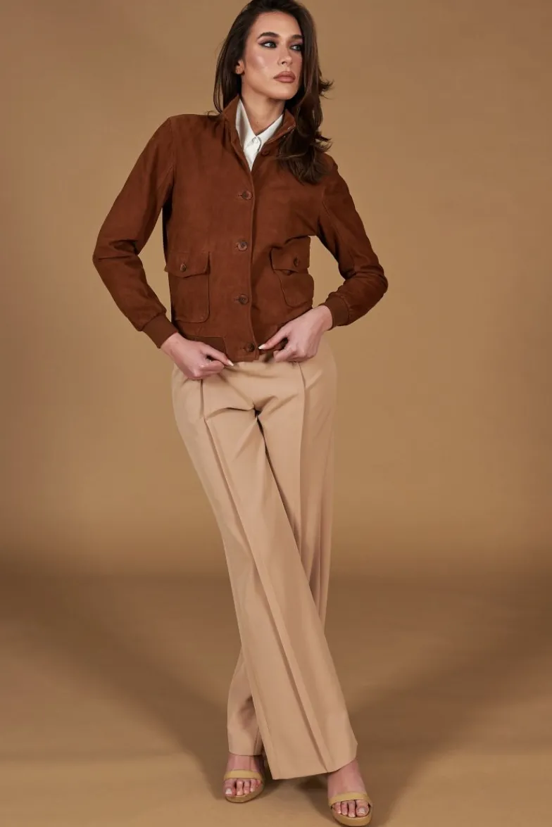 Donna D'Arienzo Faty - Bomber in pelle camoscio color cuoio con bottoni