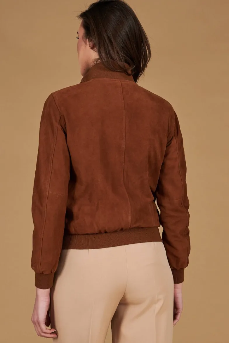 Donna D'Arienzo Faty - Bomber in pelle camoscio color cuoio con bottoni