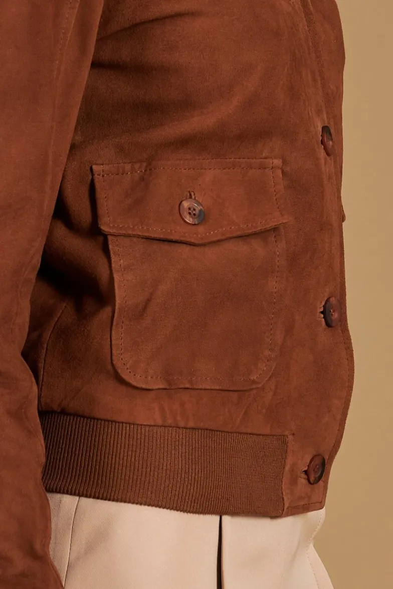 Donna D'Arienzo Faty - Bomber in pelle camoscio color cuoio con bottoni