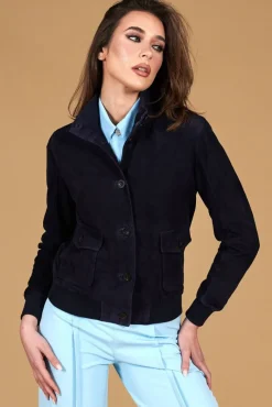 Donna D'Arienzo Faty - Bomber in pelle camoscio blu con bottoni