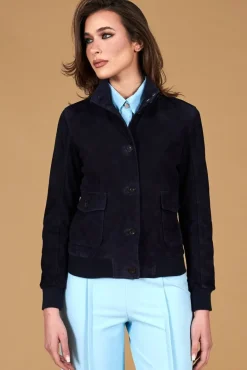 Donna D'Arienzo Faty - Bomber in pelle camoscio blu con bottoni