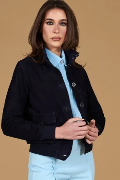 Donna D'Arienzo Faty - Bomber in pelle camoscio blu con bottoni