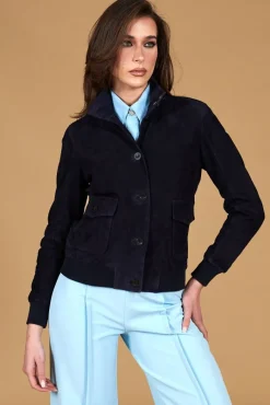 Donna D'Arienzo Faty - Bomber in pelle camoscio blu con bottoni