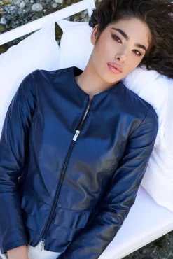 Donna D'Arienzo F105BL - Giacca in pelle blu con balze nappa effetto liscio