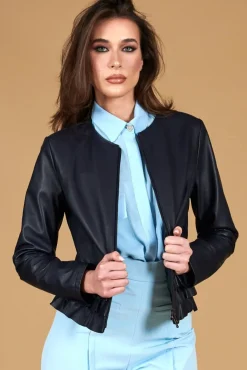 Donna D'Arienzo F105BL - Giacca in pelle blu con balze nappa effetto liscio