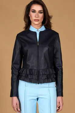 Donna D'Arienzo F105BL - Giacca in pelle blu con balze nappa effetto liscio
