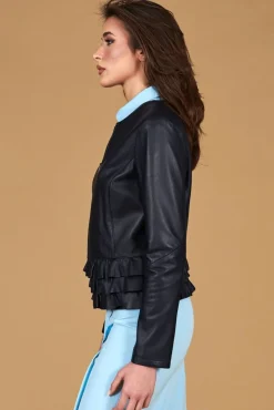 Donna D'Arienzo F105BL - Giacca in pelle blu con balze nappa effetto liscio