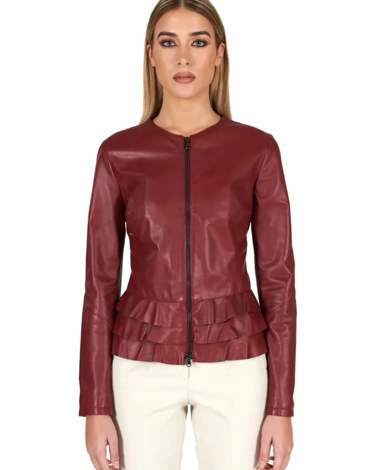 Donna D'Arienzo F105BL - Giacca in pelle bordeaux con balze nappa effetto liscio