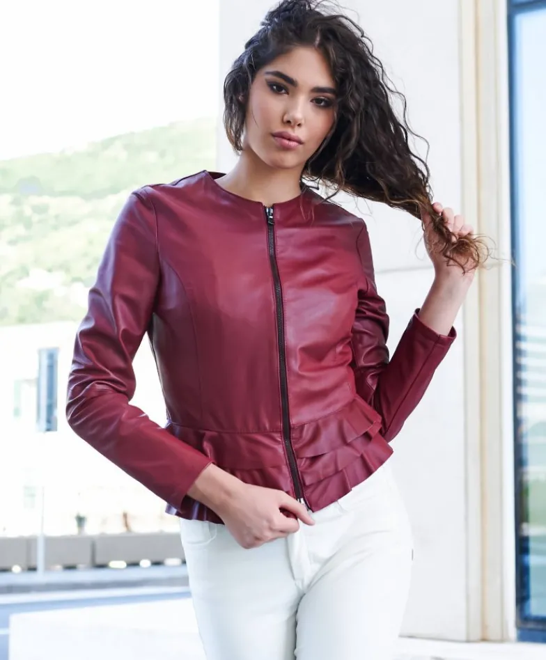 Donna D'Arienzo F105BL - Giacca in pelle bordeaux con balze nappa effetto liscio
