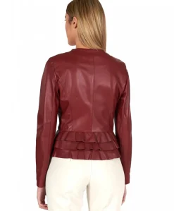 Donna D'Arienzo F105BL - Giacca in pelle bordeaux con balze nappa effetto liscio