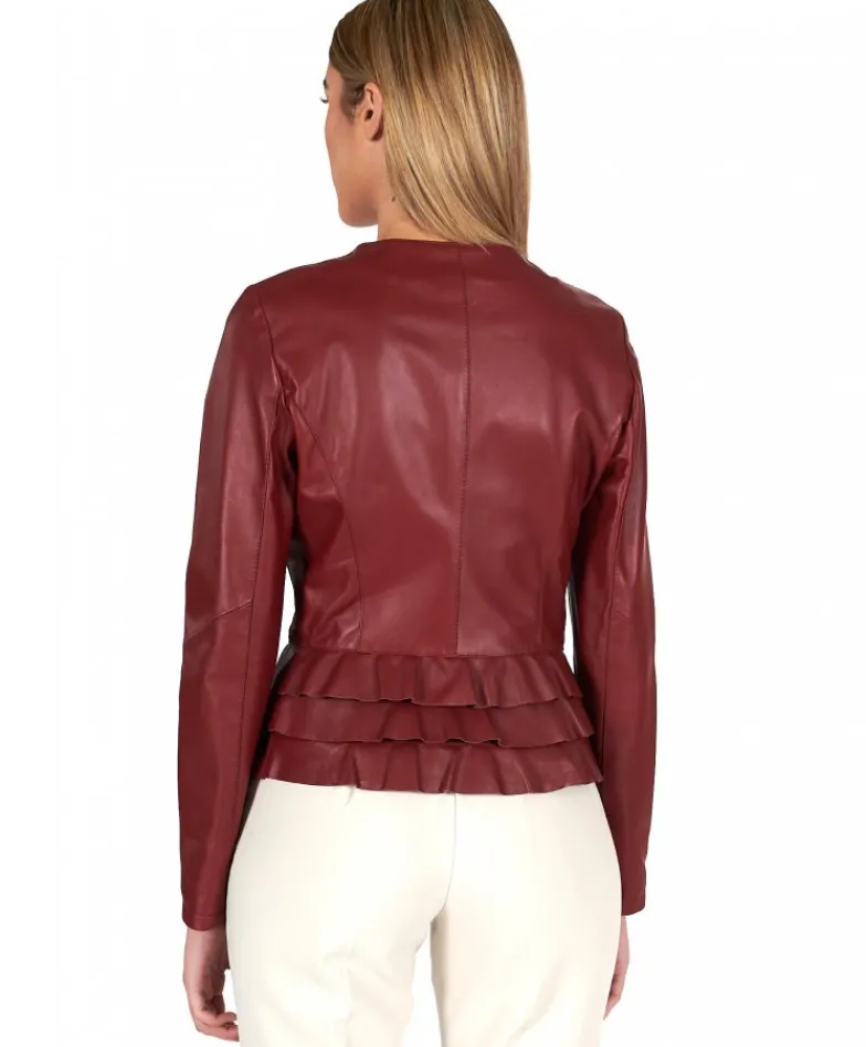 Donna D'Arienzo F105BL - Giacca in pelle bordeaux con balze nappa effetto liscio