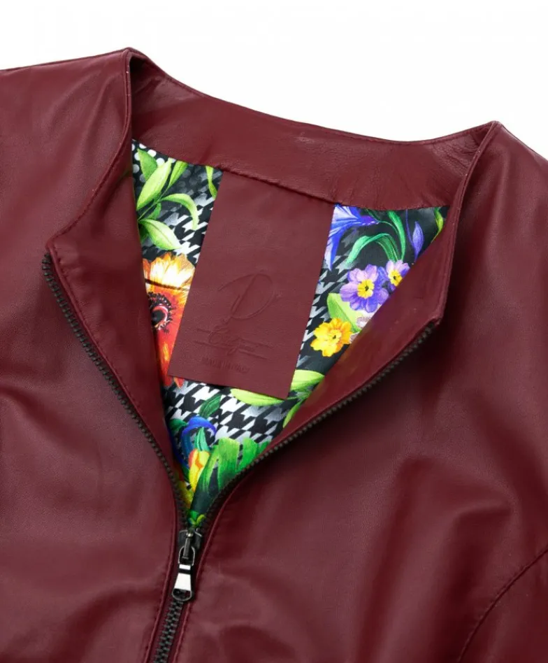 Donna D'Arienzo F105BL - Giacca in pelle bordeaux con balze nappa effetto liscio