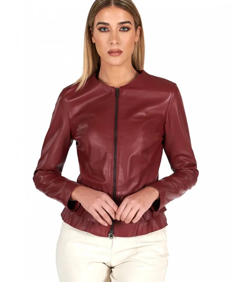 Donna D'Arienzo F105BL - Giacca in pelle bordeaux con balze nappa effetto liscio