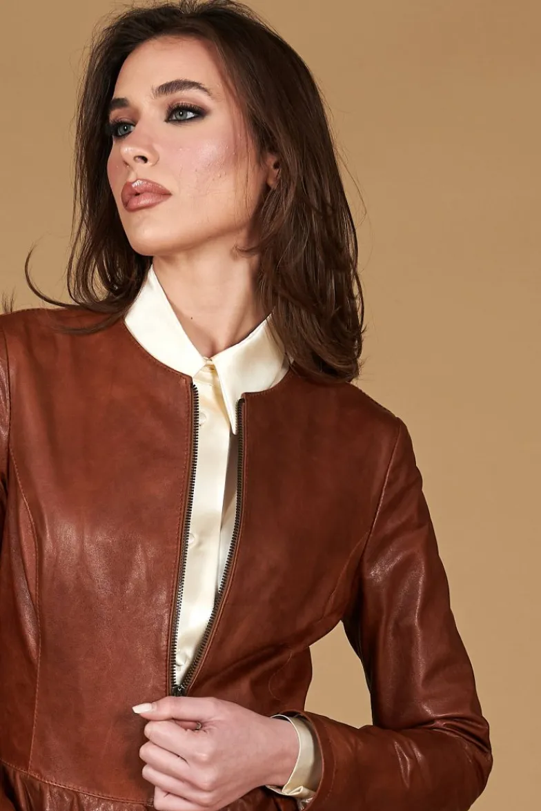 Donna D'Arienzo F105BL - Giacca in pelle cuoio con balze effetto vintage