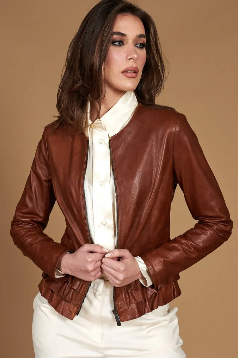 Donna D'Arienzo F105BL - Giacca in pelle cuoio con balze effetto vintage