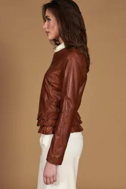 Donna D'Arienzo F105BL - Giacca in pelle cuoio con balze effetto vintage