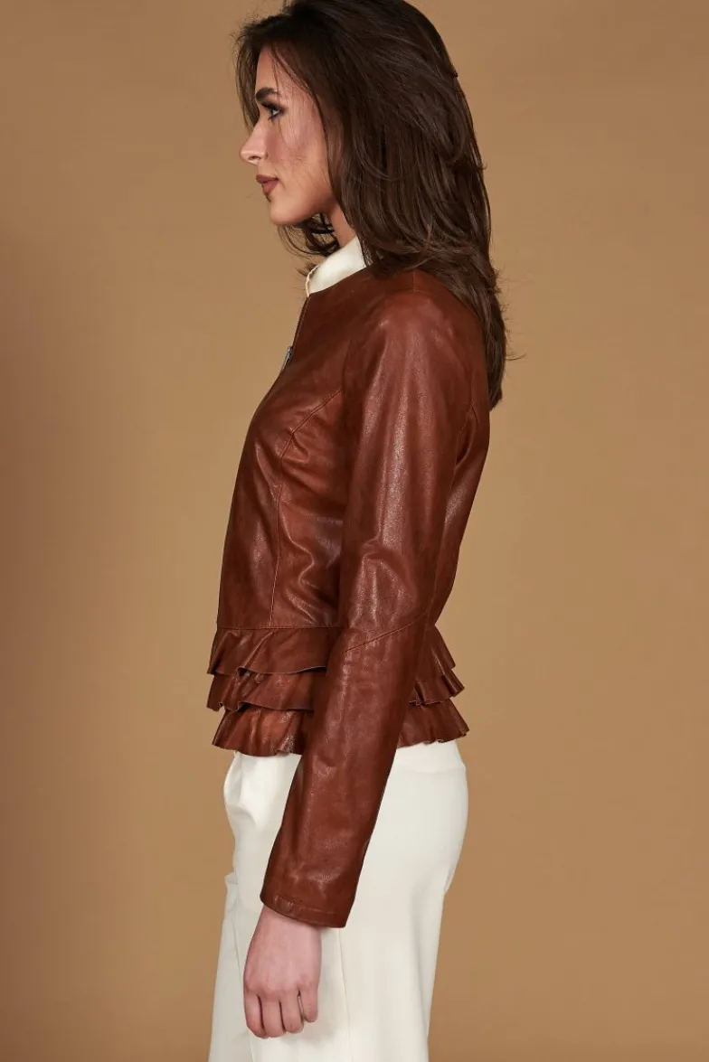 Donna D'Arienzo F105BL - Giacca in pelle cuoio con balze effetto vintage