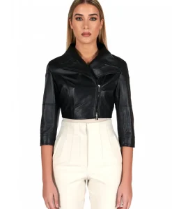 Donna D'Arienzo Fiamma - Bolero in pelle nera nappa effetto liscio