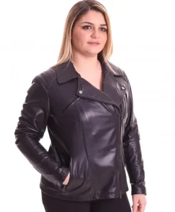 Donna D'Arienzo Flores - Giacca chiodo in pelle nera taglie forti nappa effetto liscio